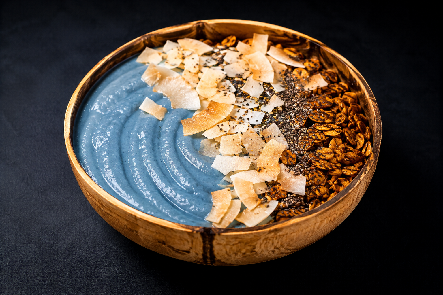 Blue Paradise smoothie bowl with chia seeds, toasted coconut, and granola