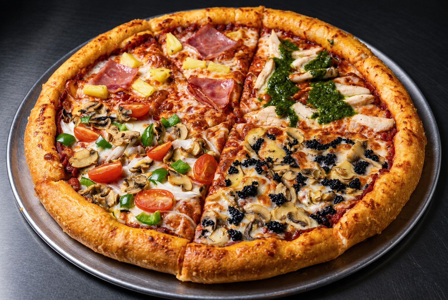 Epic Super Sampler pizza divided into four customer-selected flavors