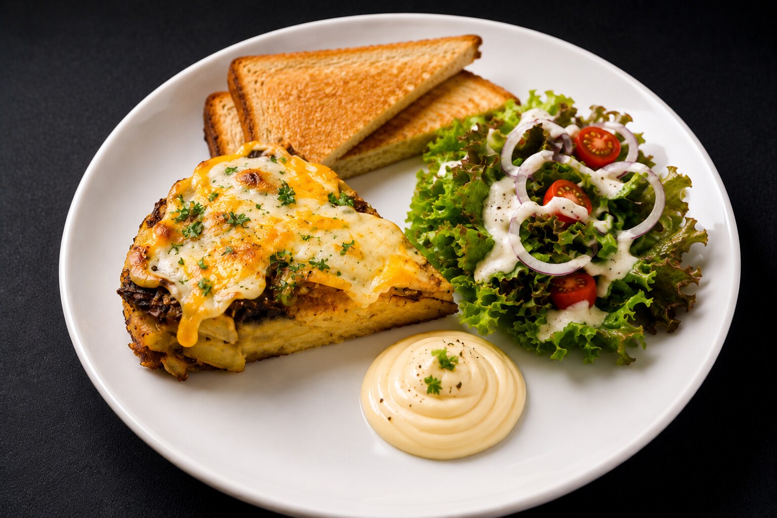 Epic potato galette brunch plate with gratin and toast