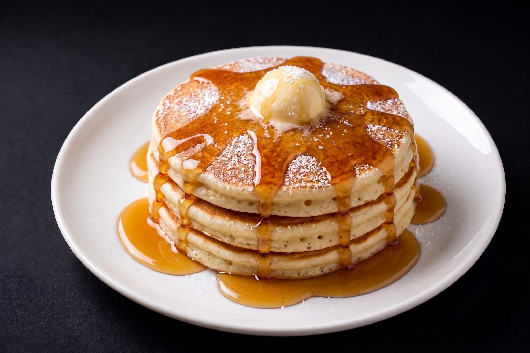 Stack of fluffy American pancakes with butter and syrup